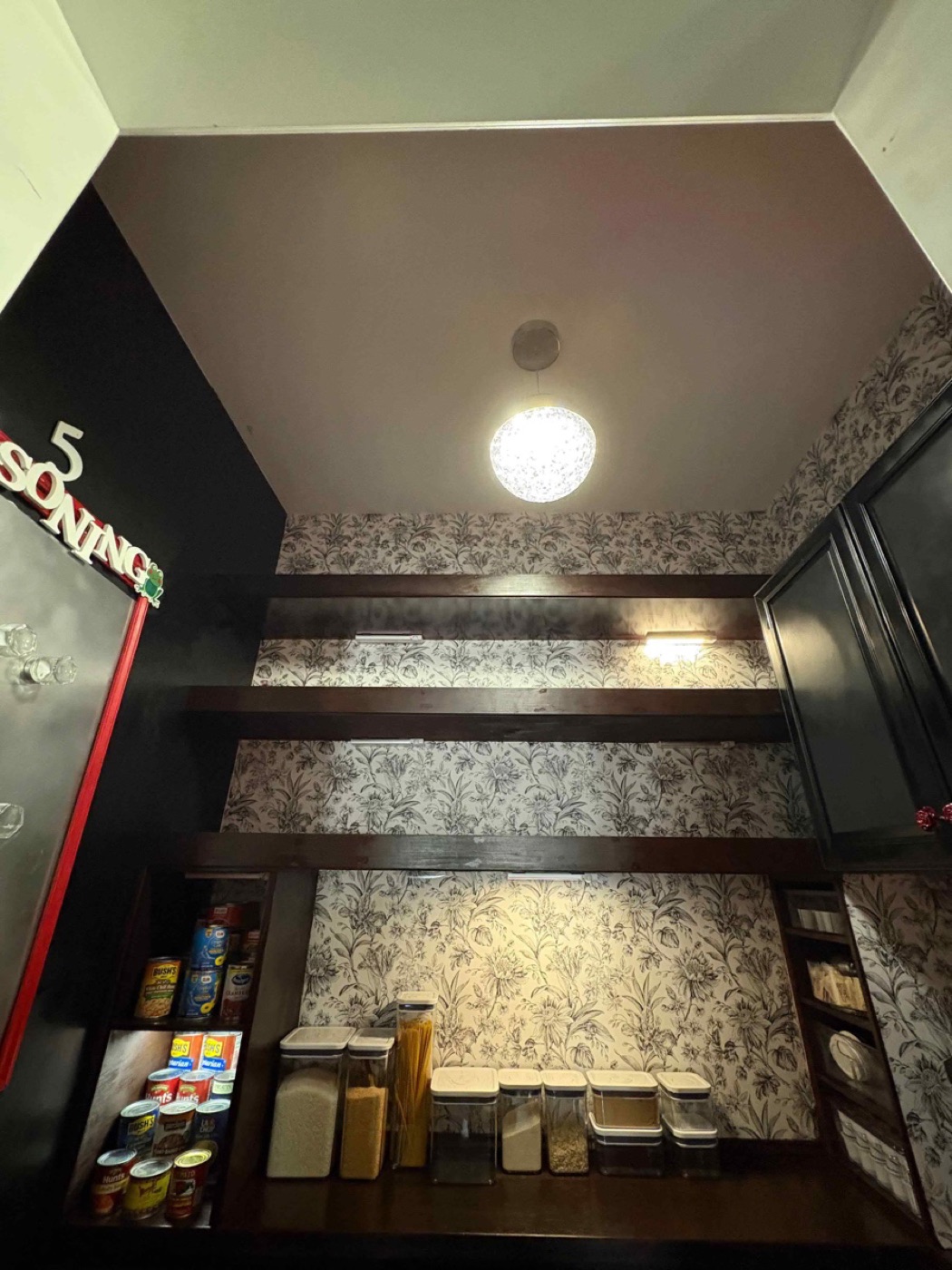 Pantry shelves with lighting and a new pendant light, seen from below